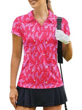 Women's Geometry Pink Golf Shirt Short Sleeve Quick Dry V-Neck Tennis Tops Fit